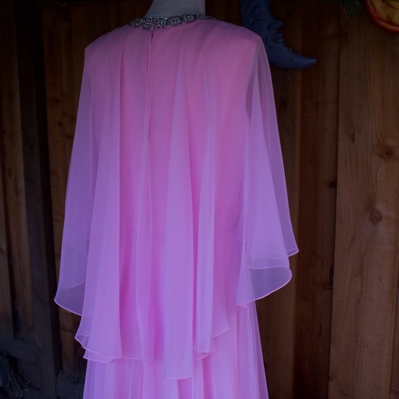 Vintage 1970's Mike Benet Formals Bubblegum Pink Chiffon Maxi Caplet Jewel Dress - Picture 15 of 17